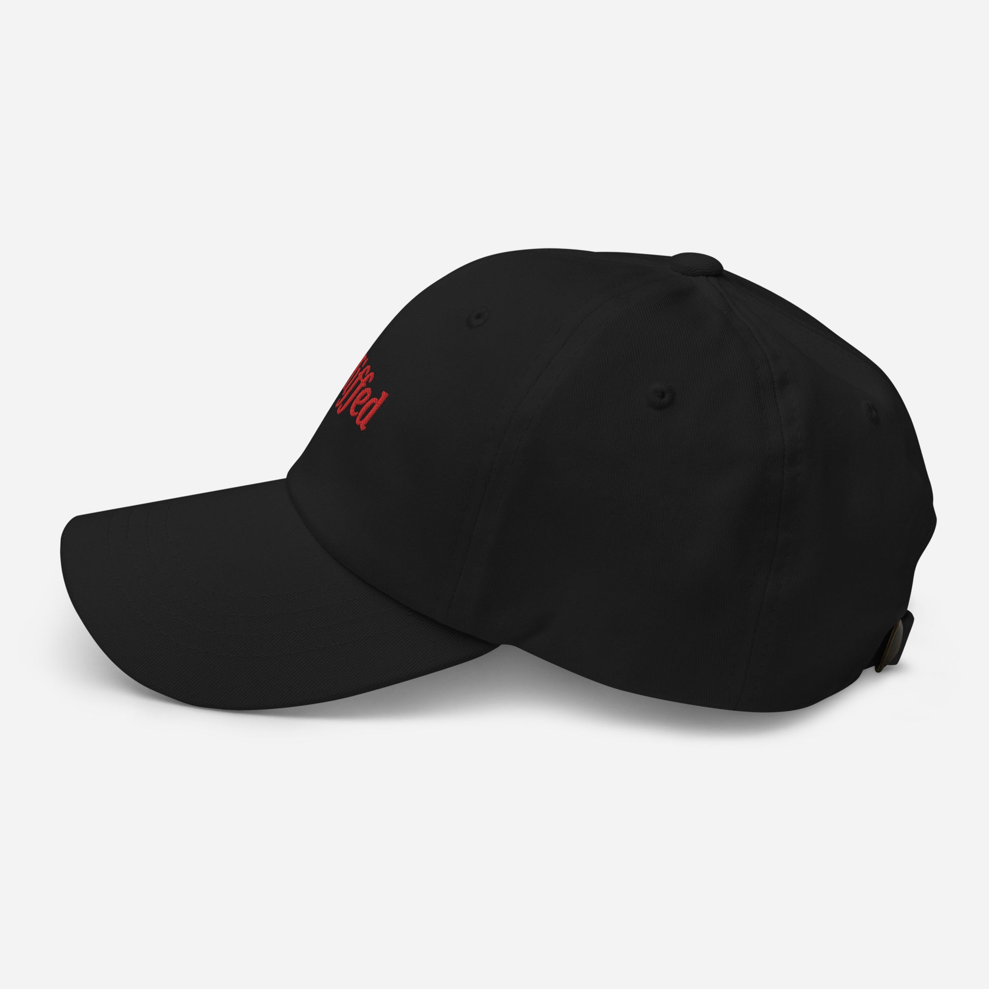 London city editions with “Miffed” type in red embroidery on black casual dad hat side view on white background