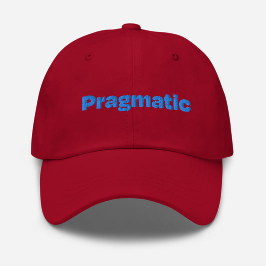 Chicago city editions with “Pragmatic” type in blue embroidery on red casual dad hat front view on white background