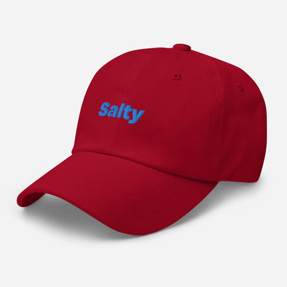 Chicago city editions with “Salty” type in blue embroidery on red casual dad hat front side view on white background