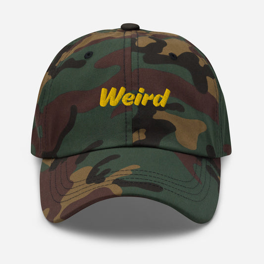 Austin city editions with “Weird” type in yellow embroidery on camo casual dad hat front view on white background