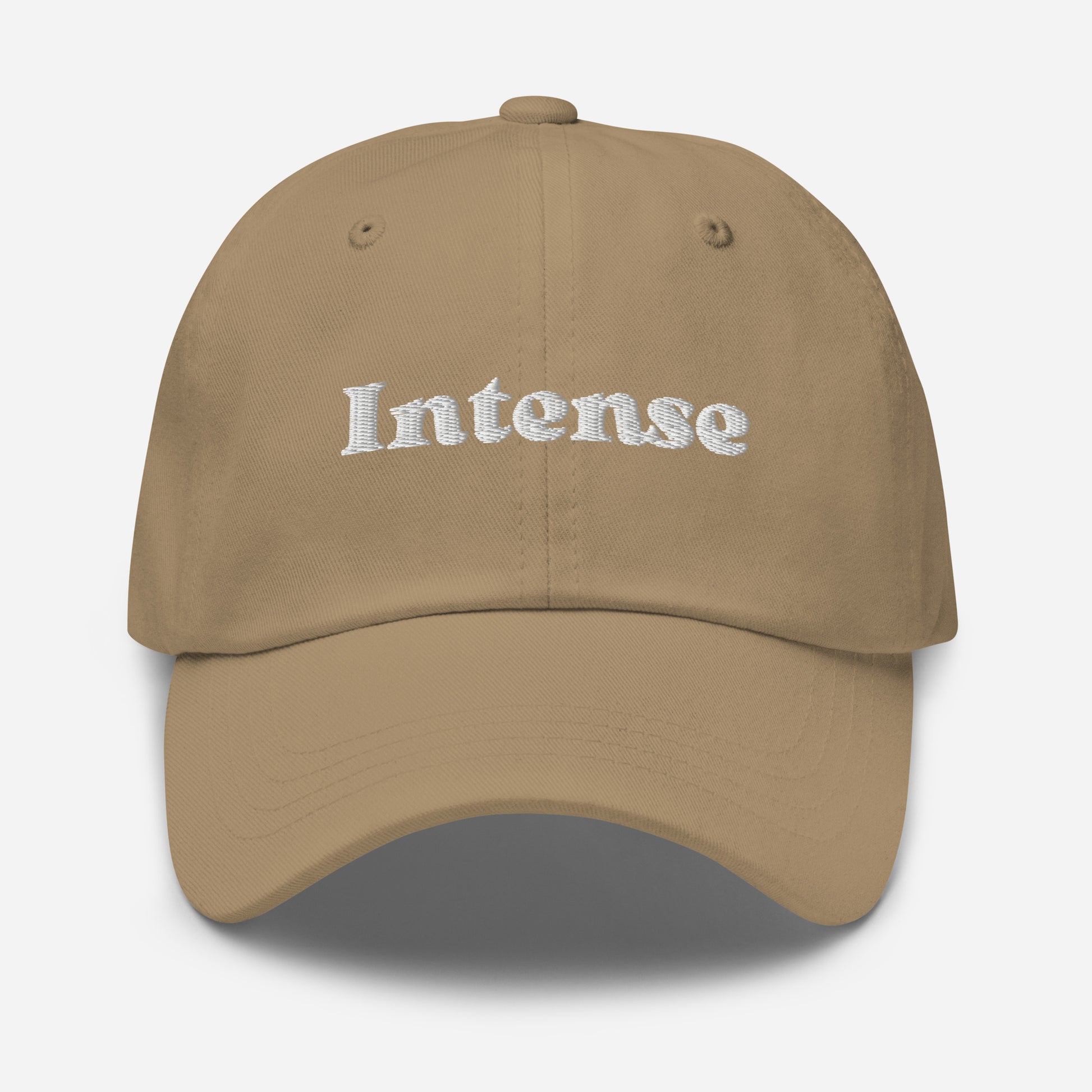 New York city editions with “Intense” type in white embroidery on khaki casual dad hat front view on white background