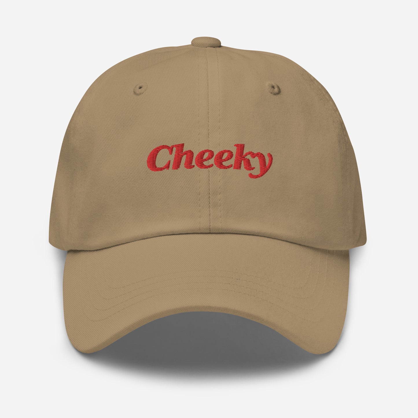 London city editions with “Cheeky” type in red embroidery on khaki casual dad hat front view on white background