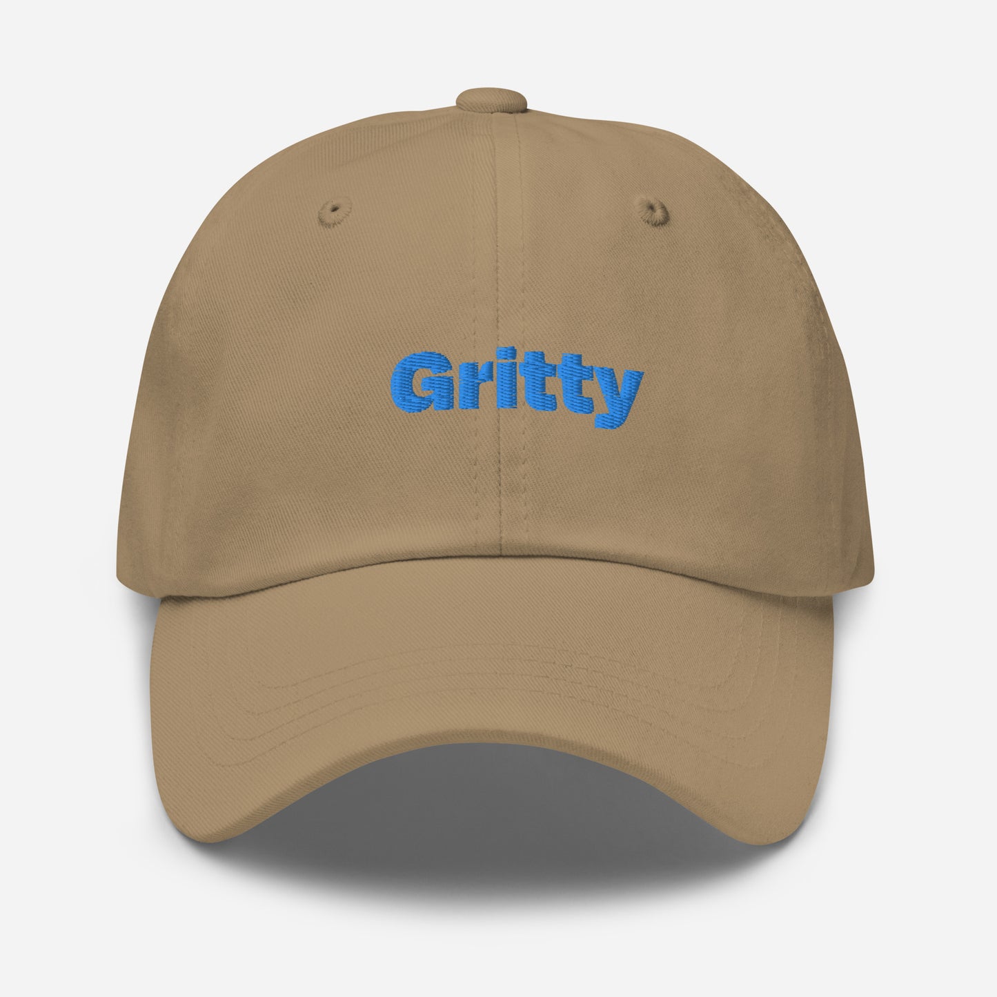 Chicago city editions with “Gritty” type in blue embroidery on khaki casual dad hat front view on white background