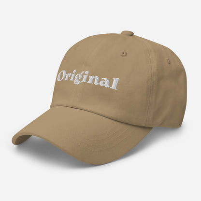 New York city editions with “Original” type in white embroidery on khaki casual dad hat front side view on white background