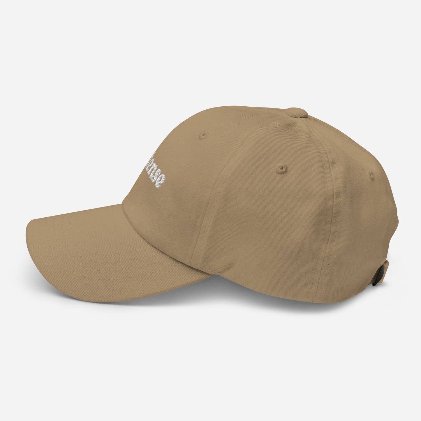 New York city editions with “Intense” type in white embroidery on khaki casual dad hat side view on white background