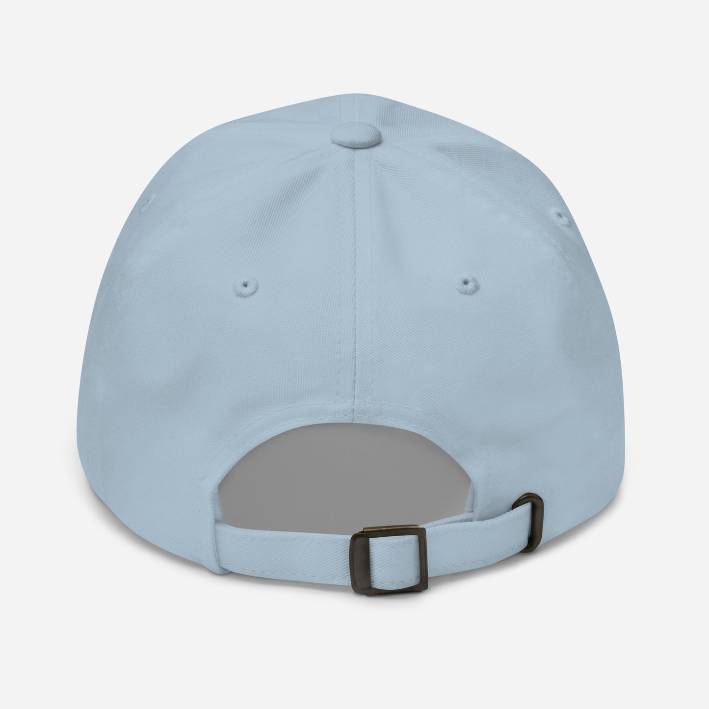 Los Angeles city editions with “Insufferable” type in gold embroidery on light blue casual dad hat back view on white background