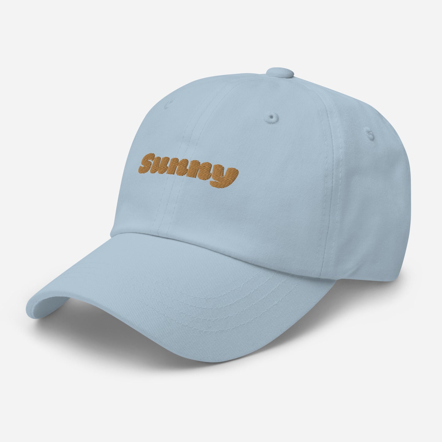 Los Angeles city editions with “Sunny” type in gold embroidery on light blue casual dad hat front side view on white background