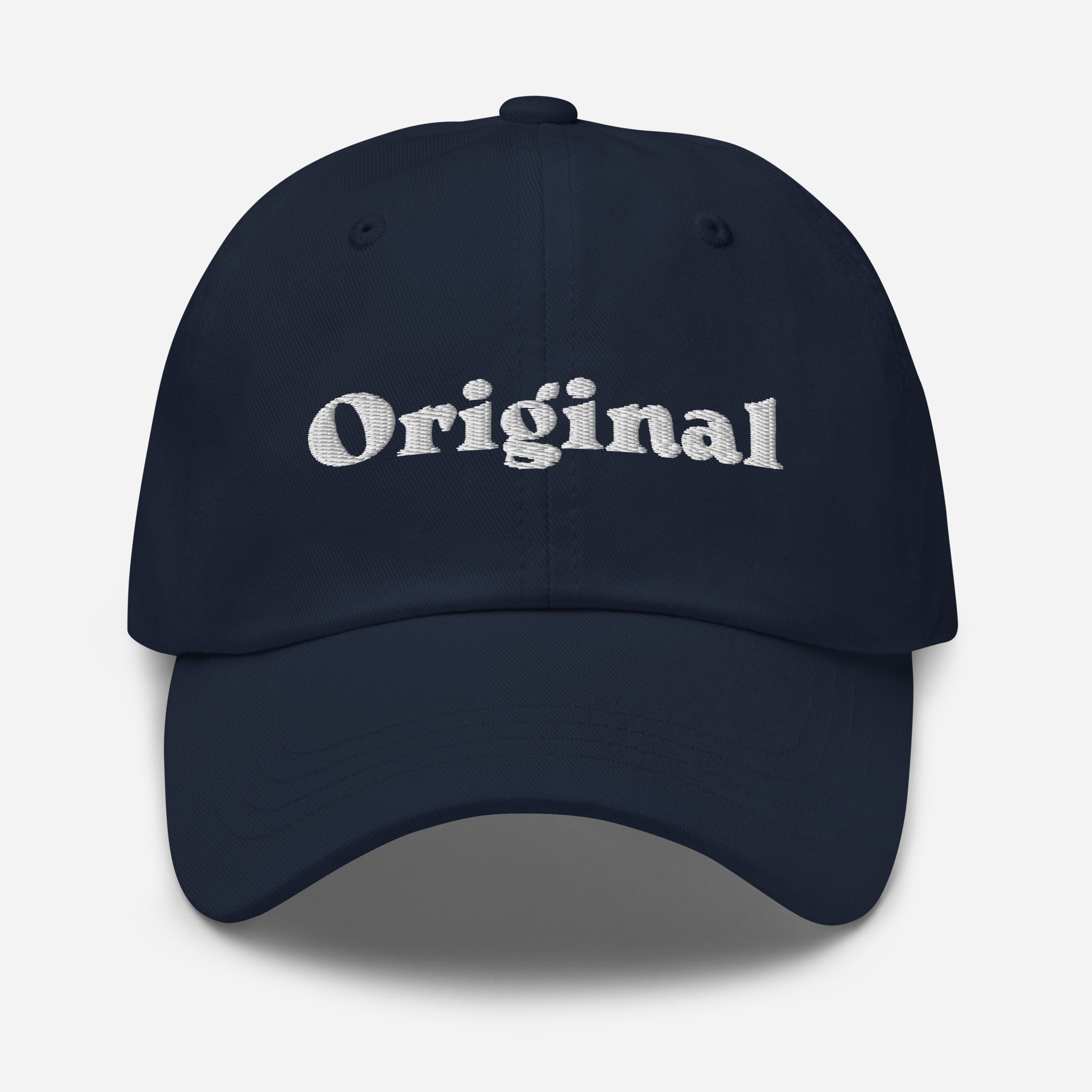 New York city editions with “Original” type in white embroidery on navy casual dad hat front view on white background