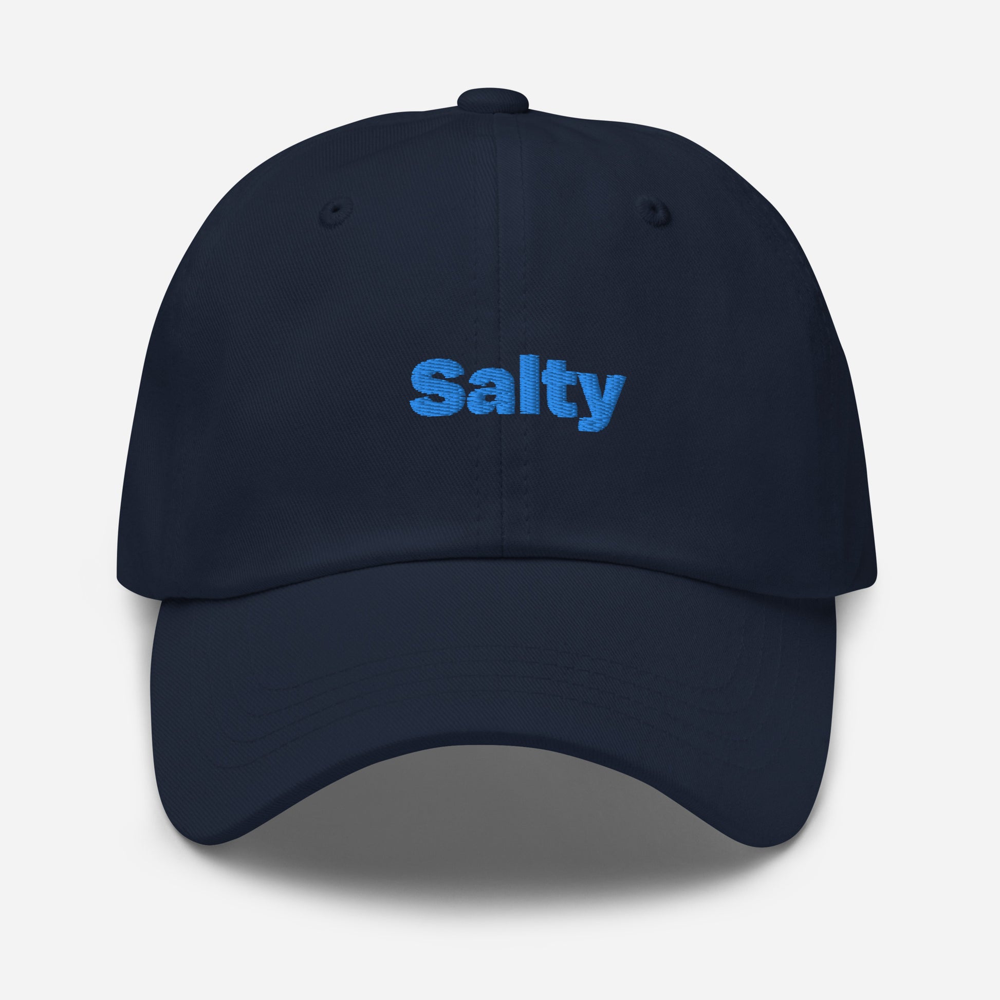 Chicago city editions with “Salty” type in blue embroidery on navy casual dad hat front view on white background