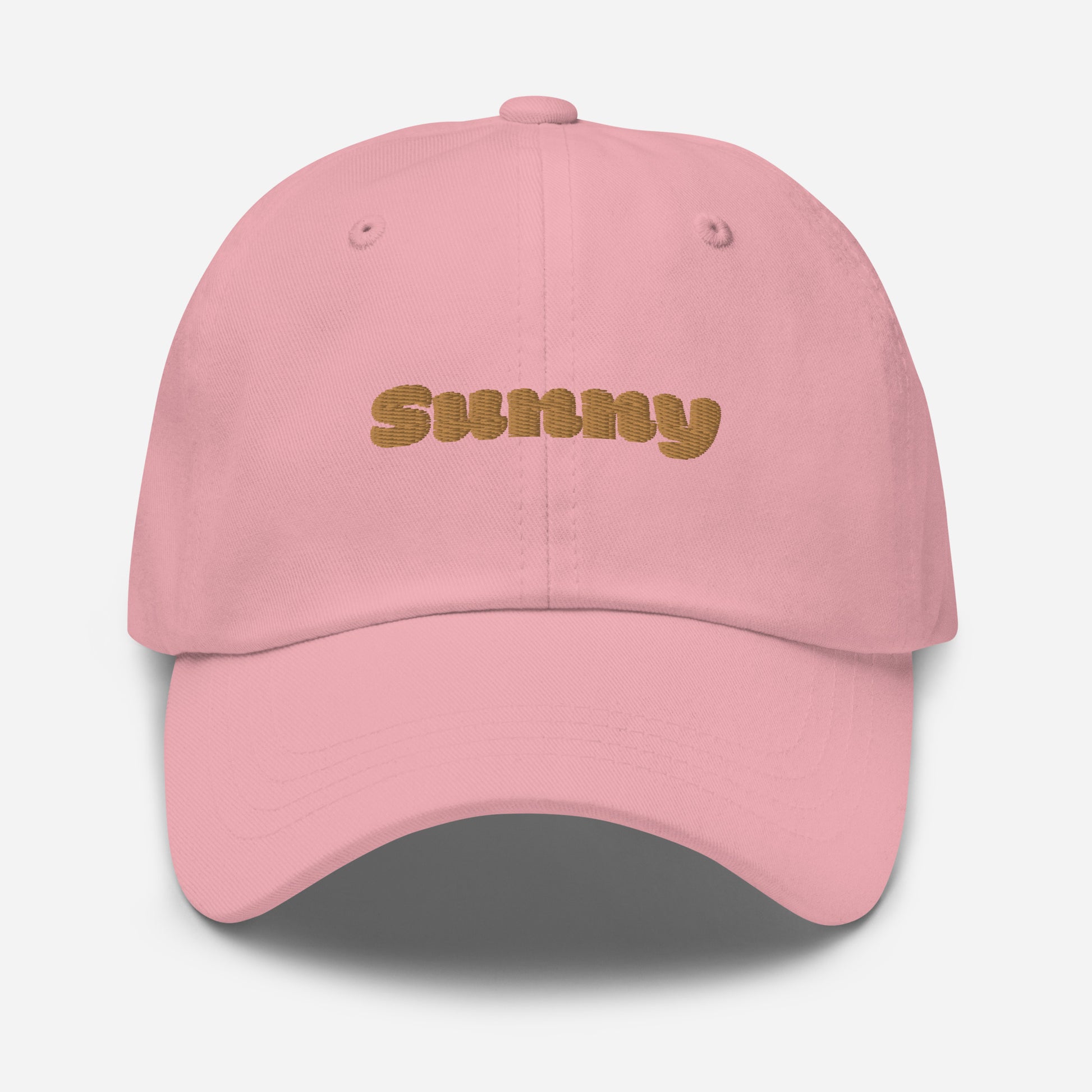 Los Angeles city editions with “Sunny” type in gold embroidery on pink casual dad hat front view on white background