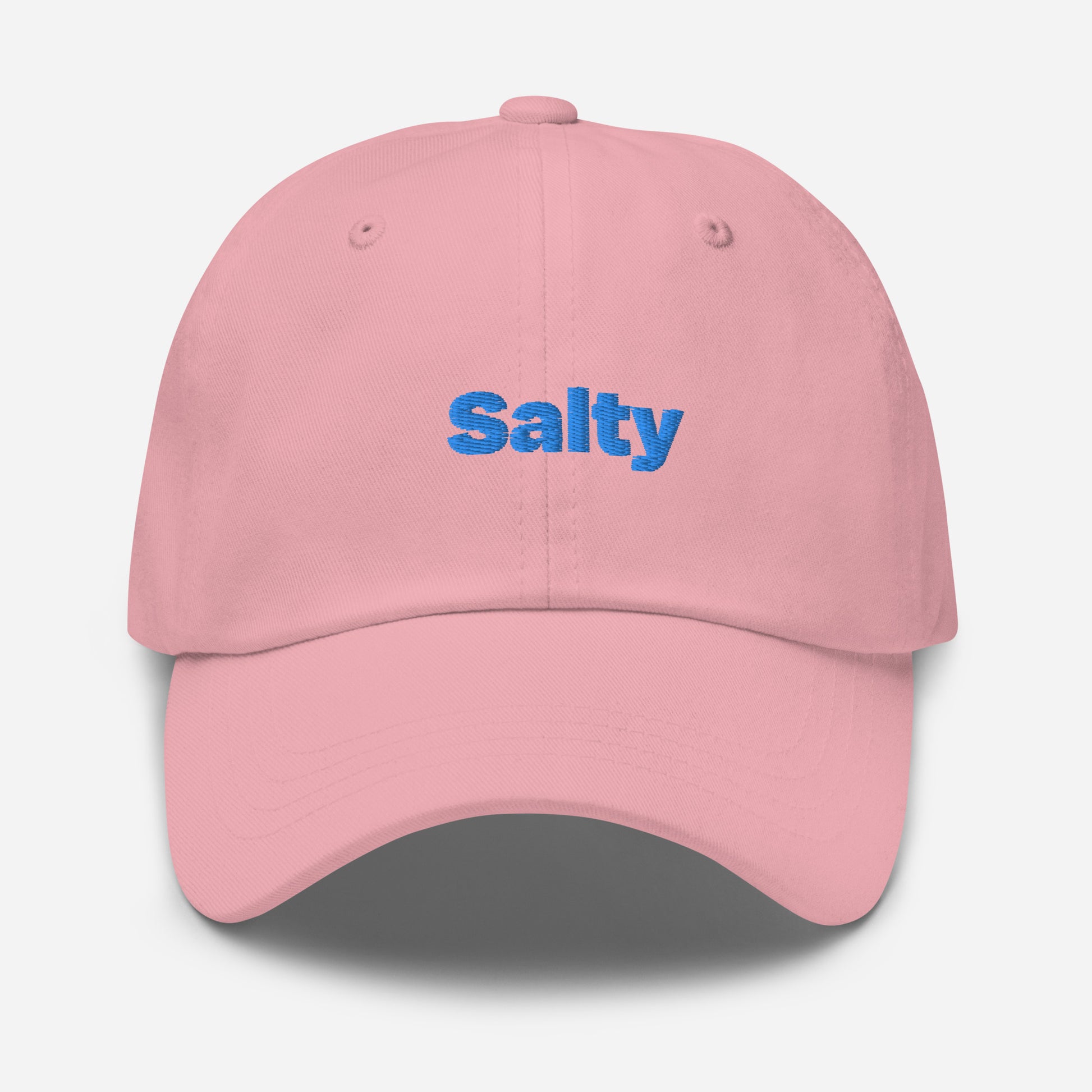 Chicago city editions with “Salty” type in blue embroidery on pink casual dad hat front view on white background