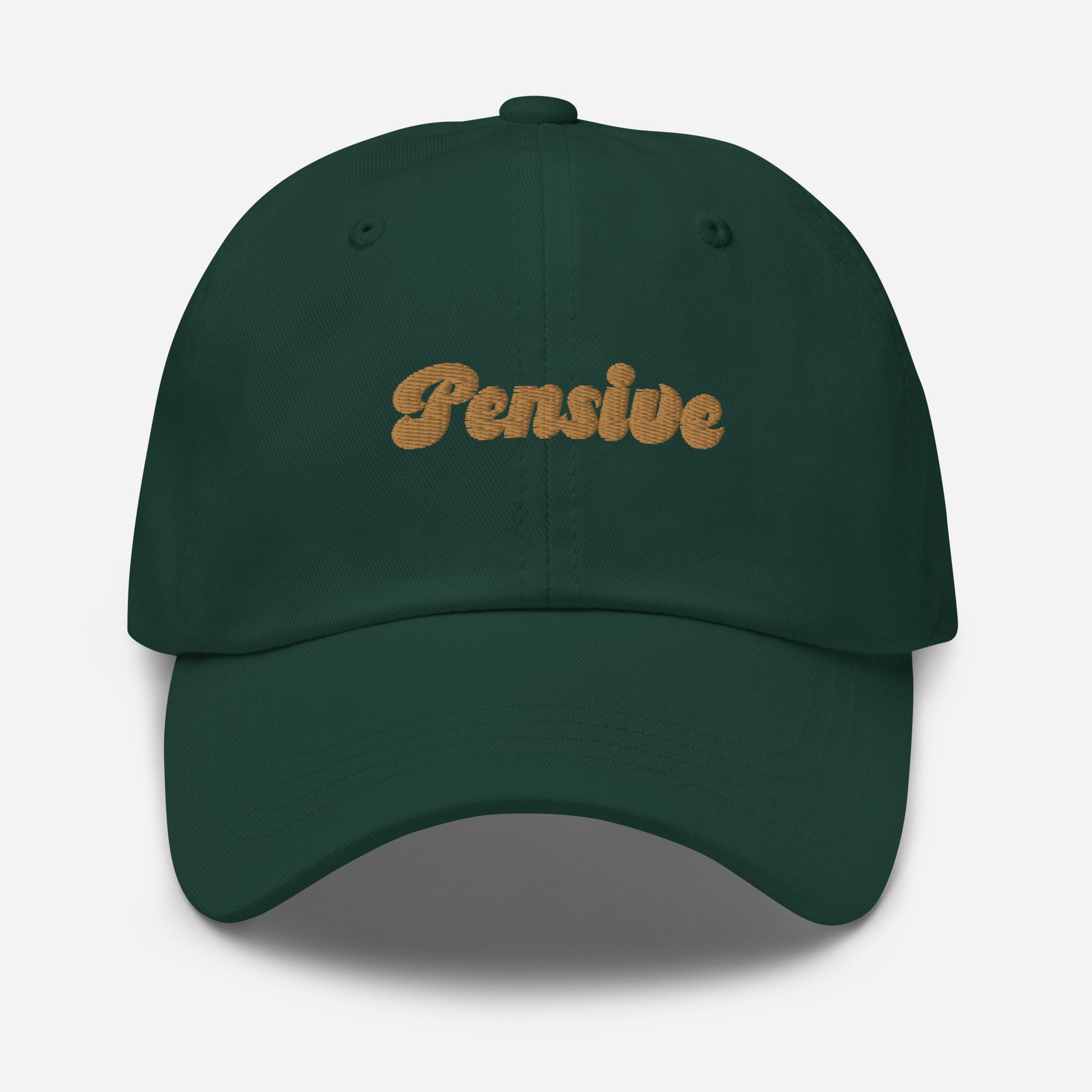 Portland city editions with “Pensive” type in gold embroidery on green casual dad hat front view on white background