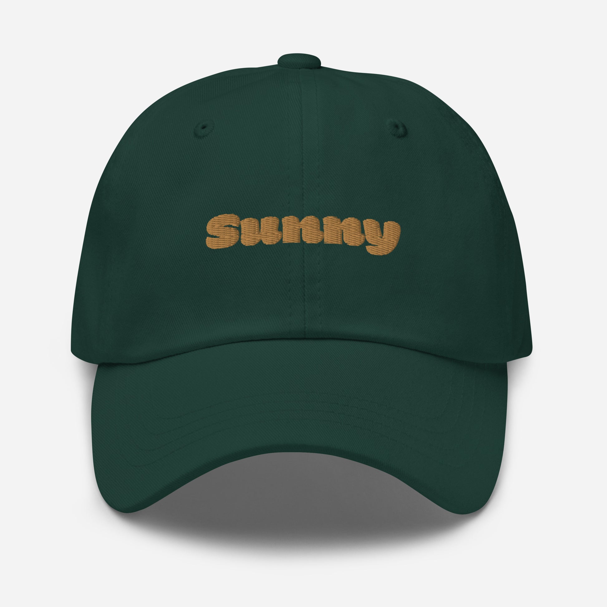 Los Angeles city editions with “Sunny” type in gold embroidery on green casual dad hat front view on white background