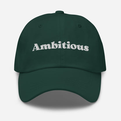 New York city editions with “Ambitious” type in white embroidery on green casual dad hat front view on white background