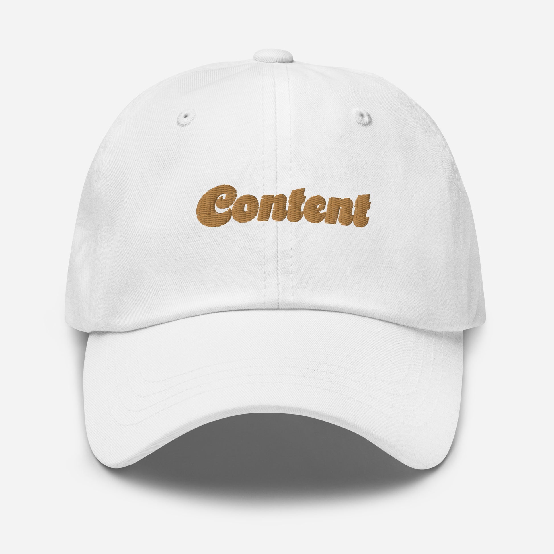 Portland city editions with “Content” type in gold embroidery on white casual dad hat front view on white background