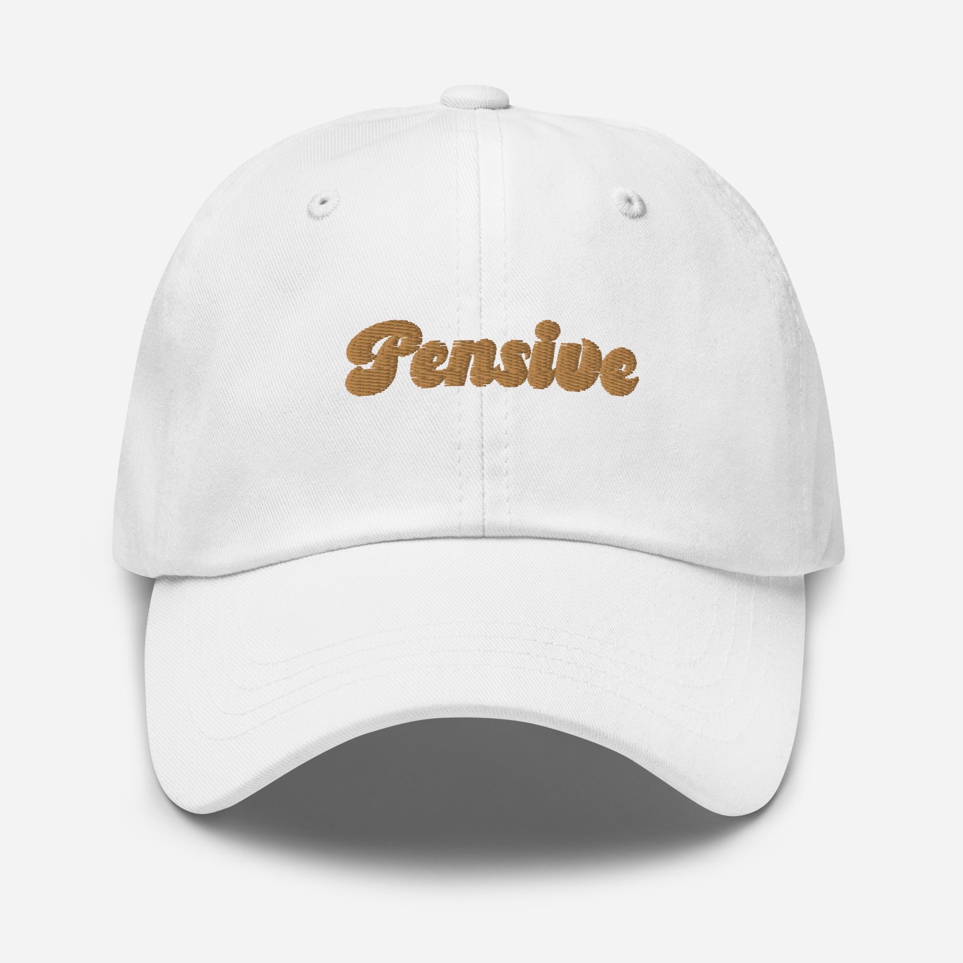 Portland city editions with “Pensive” type in gold embroidery on white casual dad hat front view on white background