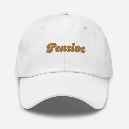 Portland city editions with “Pensive” type in gold embroidery on white casual dad hat front view on white background