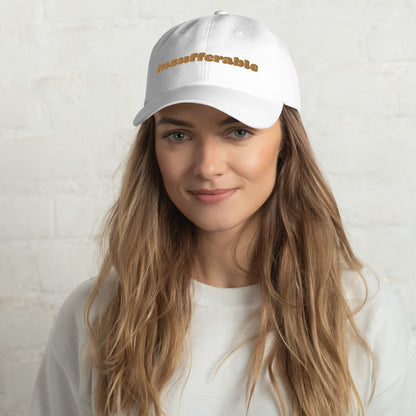 Los Angeles city editions with “Insufferable” type in gold embroidery on white casual dad hat front view on female model