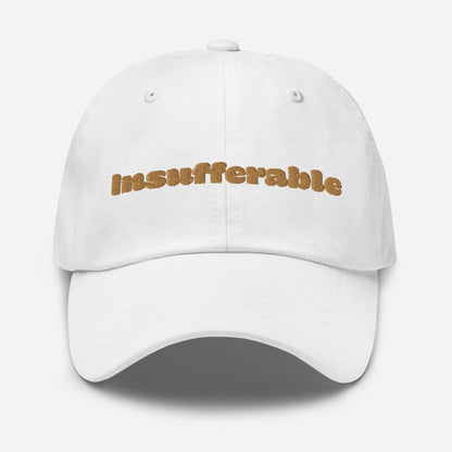 Los Angeles city editions with “Insufferable” type in gold embroidery on white casual dad hat front view on white background