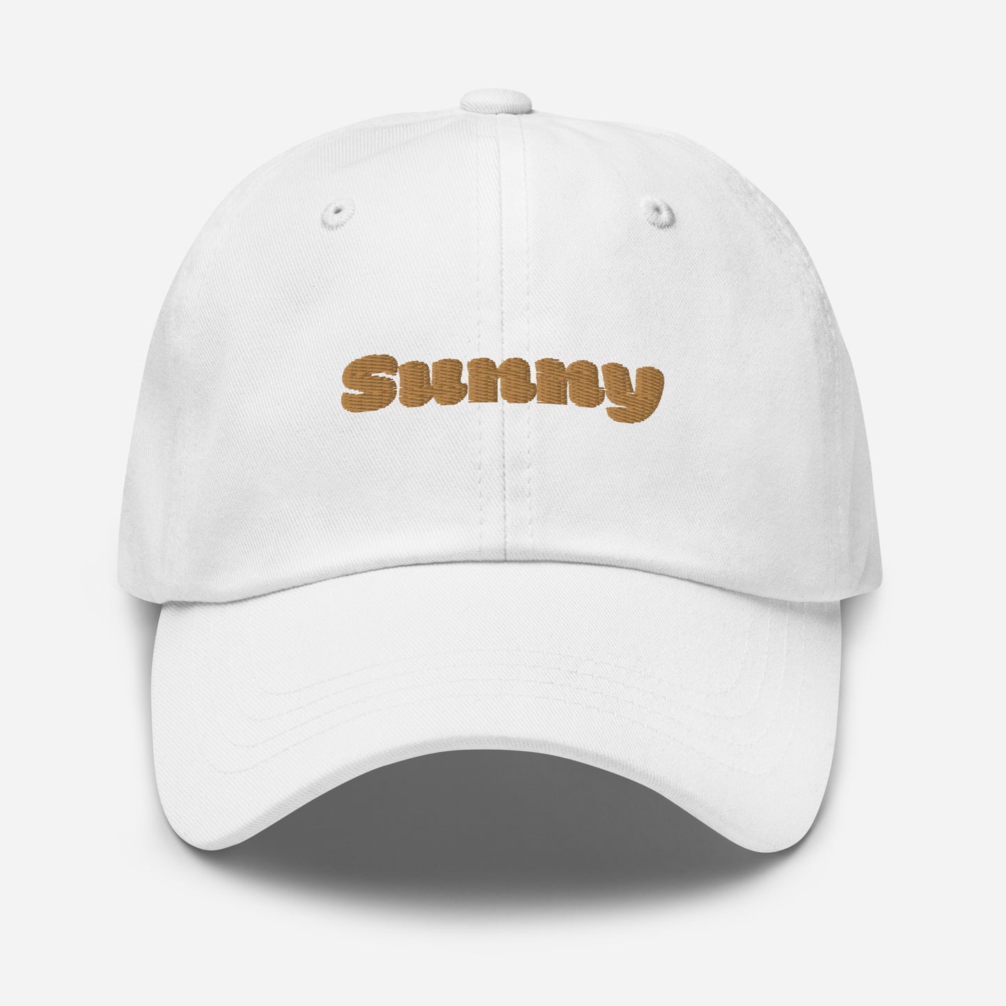 Los Angeles city editions with “Sunny” type in gold embroidery on white casual dad hat front view on white background