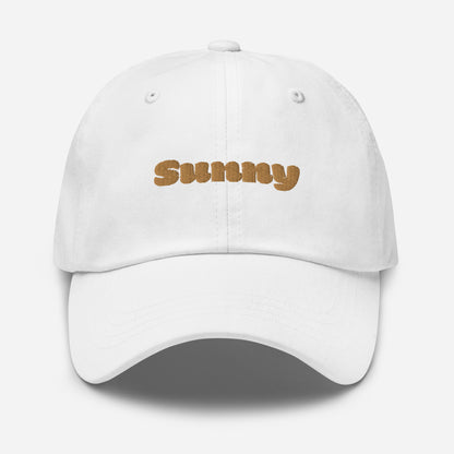 Los Angeles city editions with “Sunny” type in gold embroidery on white casual dad hat front view on white background