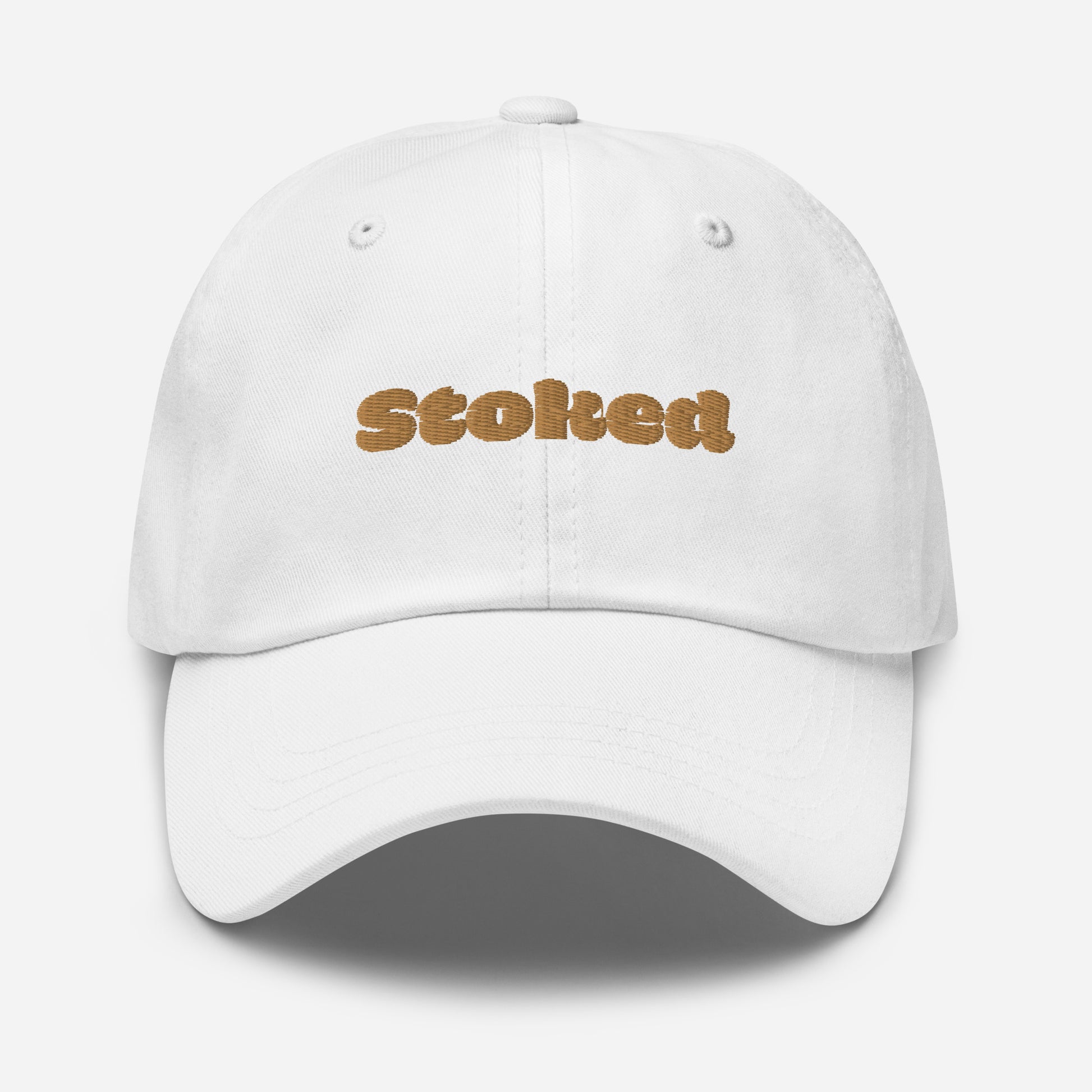 Los Angeles city editions with “Stoked” type in gold embroidery on white casual dad hat front view on white background