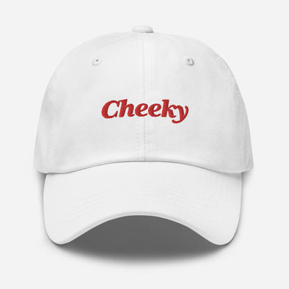 London city editions with “Cheeky” type in red embroidery on white casual dad hat front view on white background