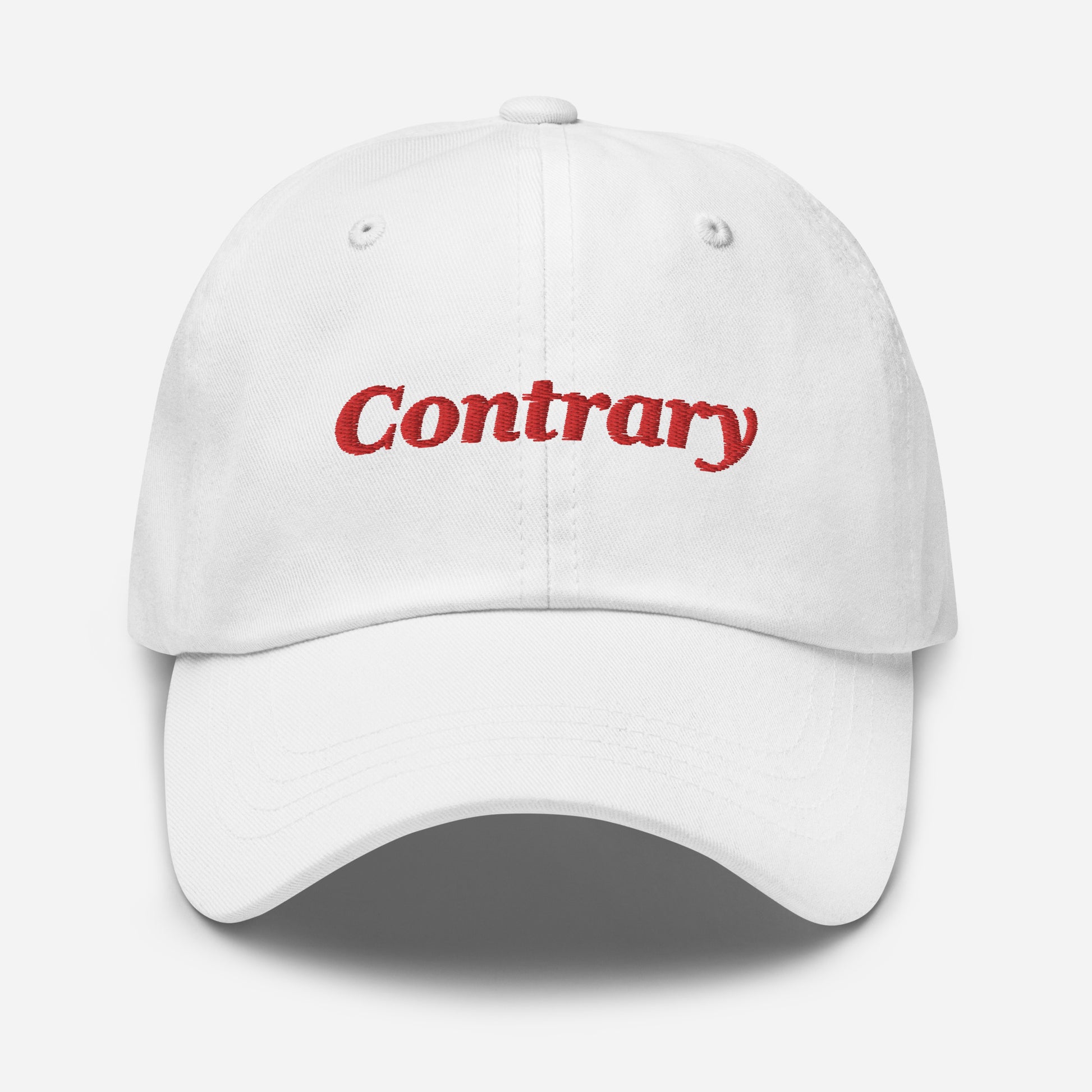 London city editions with “Contrary” type in red embroidery on white casual dad hat front view on white background