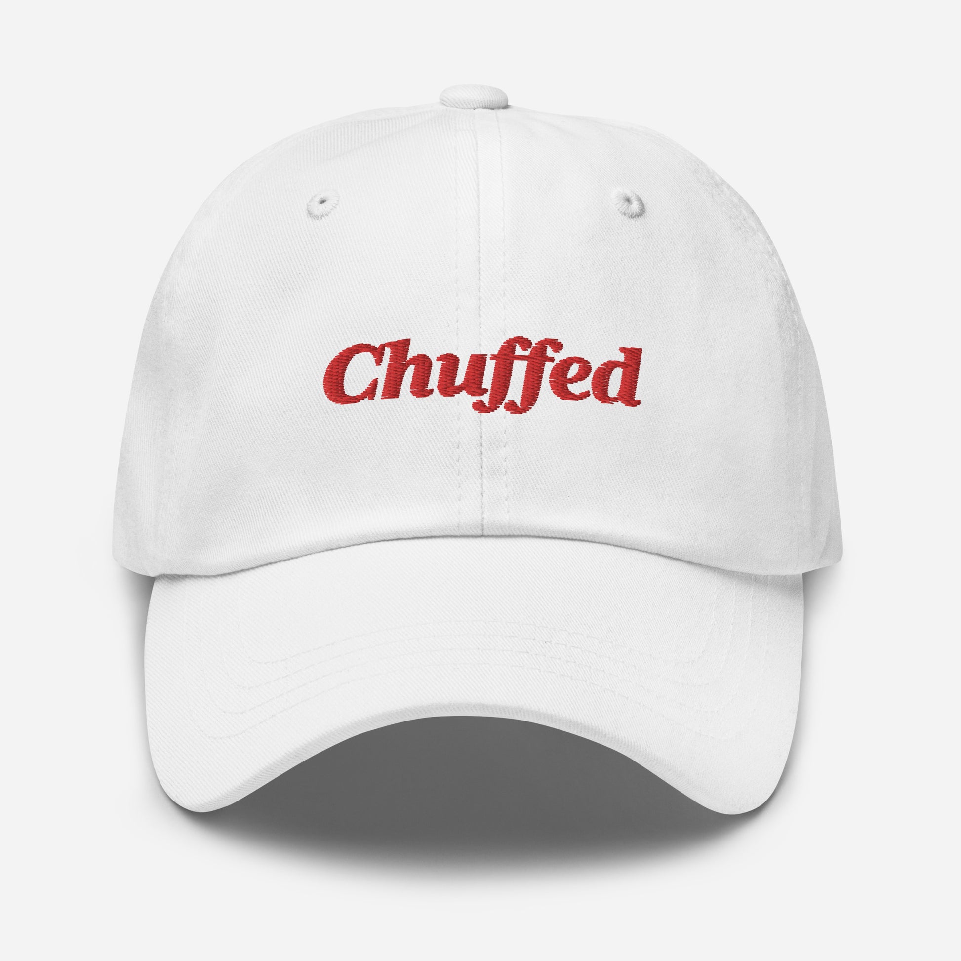 London city editions with “Chuffed” type in red embroidery on white blue casual dad hat front view on white background