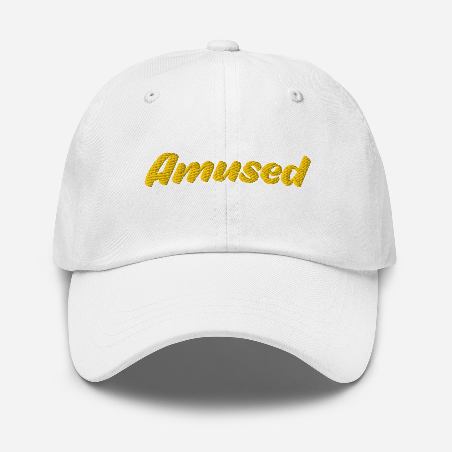 Austin city editions with “Amused” type in yellow embroidery on white casual dad hat front view on white background