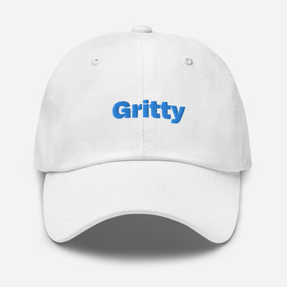 Chicago city editions with “Gritty” type in blue embroidery on white casual dad hat front view on white background