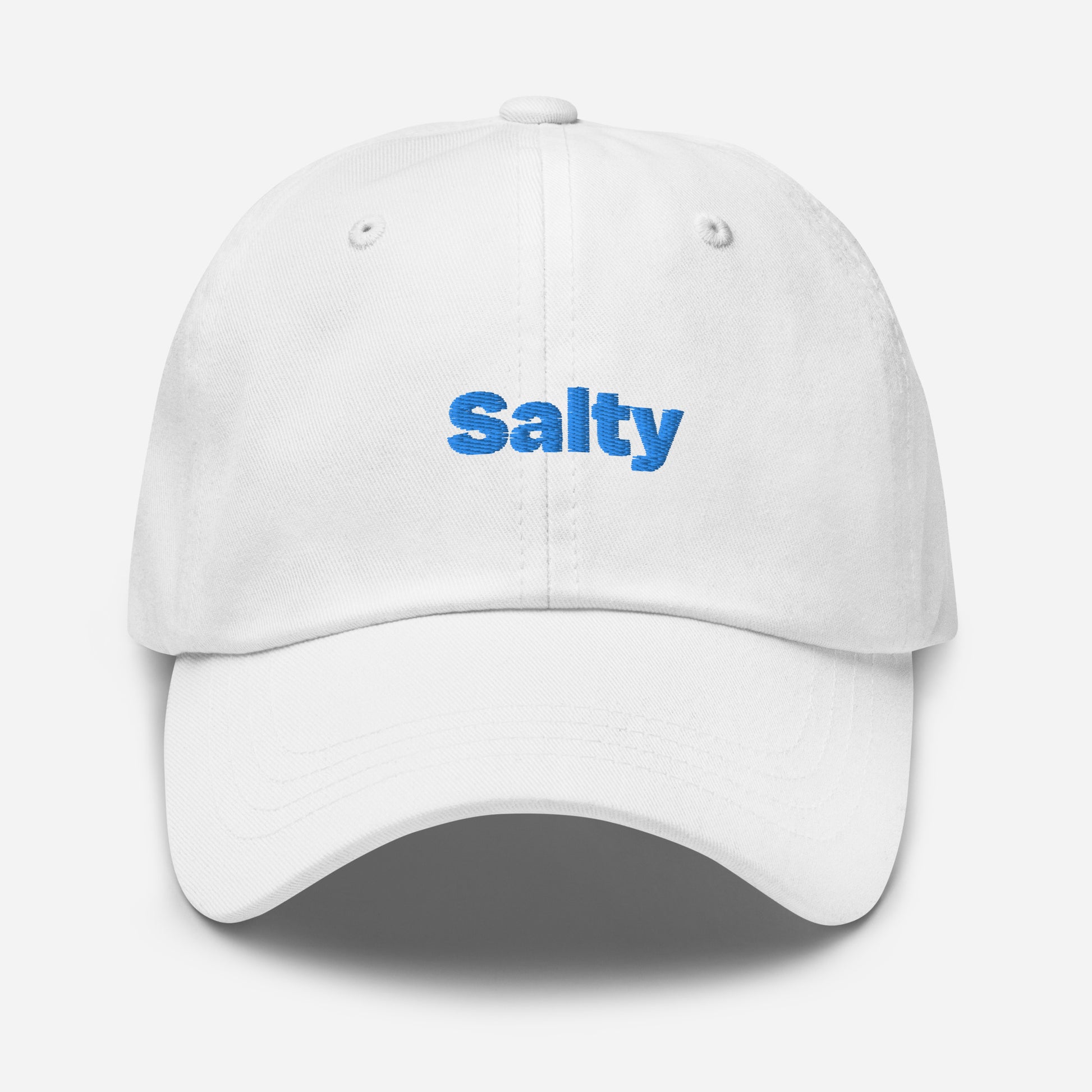 Chicago city editions with “Salty” type in blue embroidery on white casual dad hat front view on white background