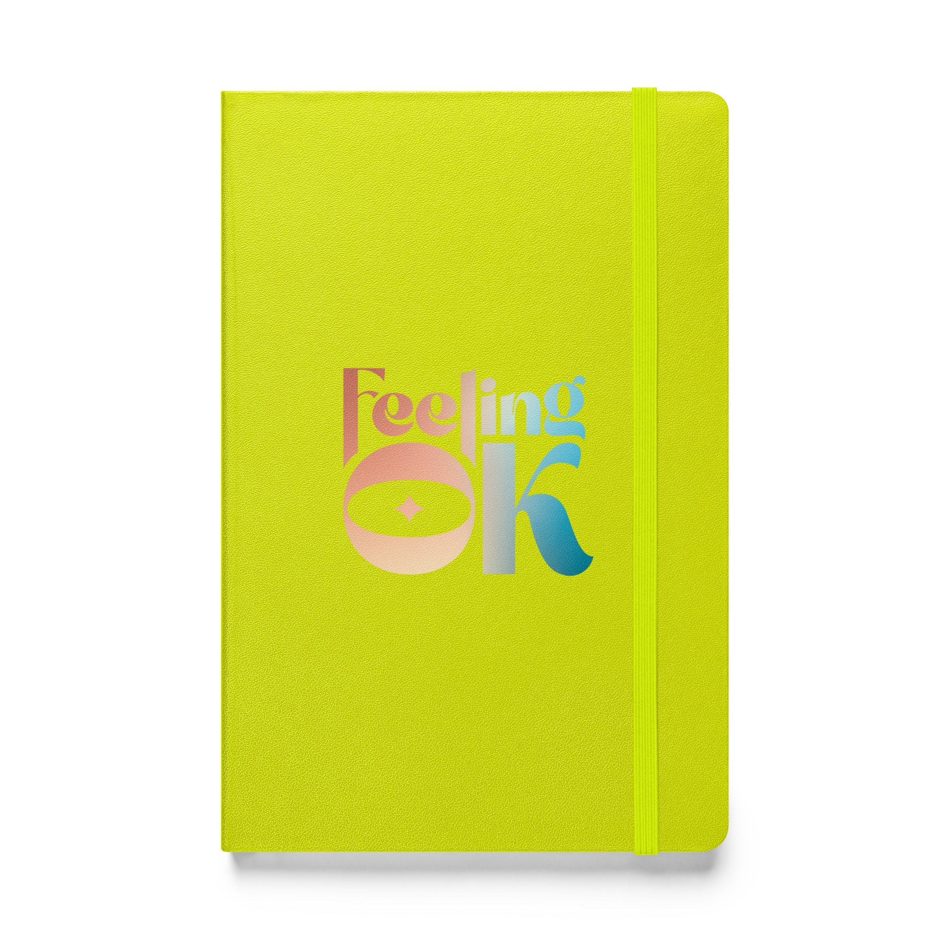 Feeling OK type on bright yellow notebook, front view on white background