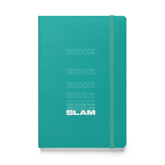 Dink Dink Slam type on torquoise notebook, front view on white background