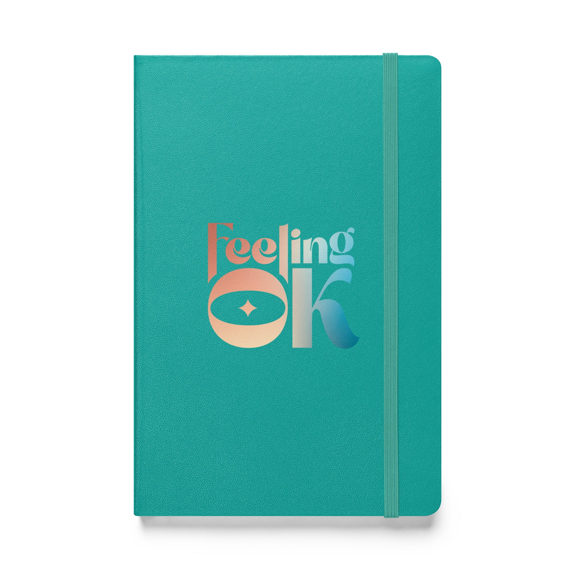 Feeling OK type on turquoise notebook, front view on white background