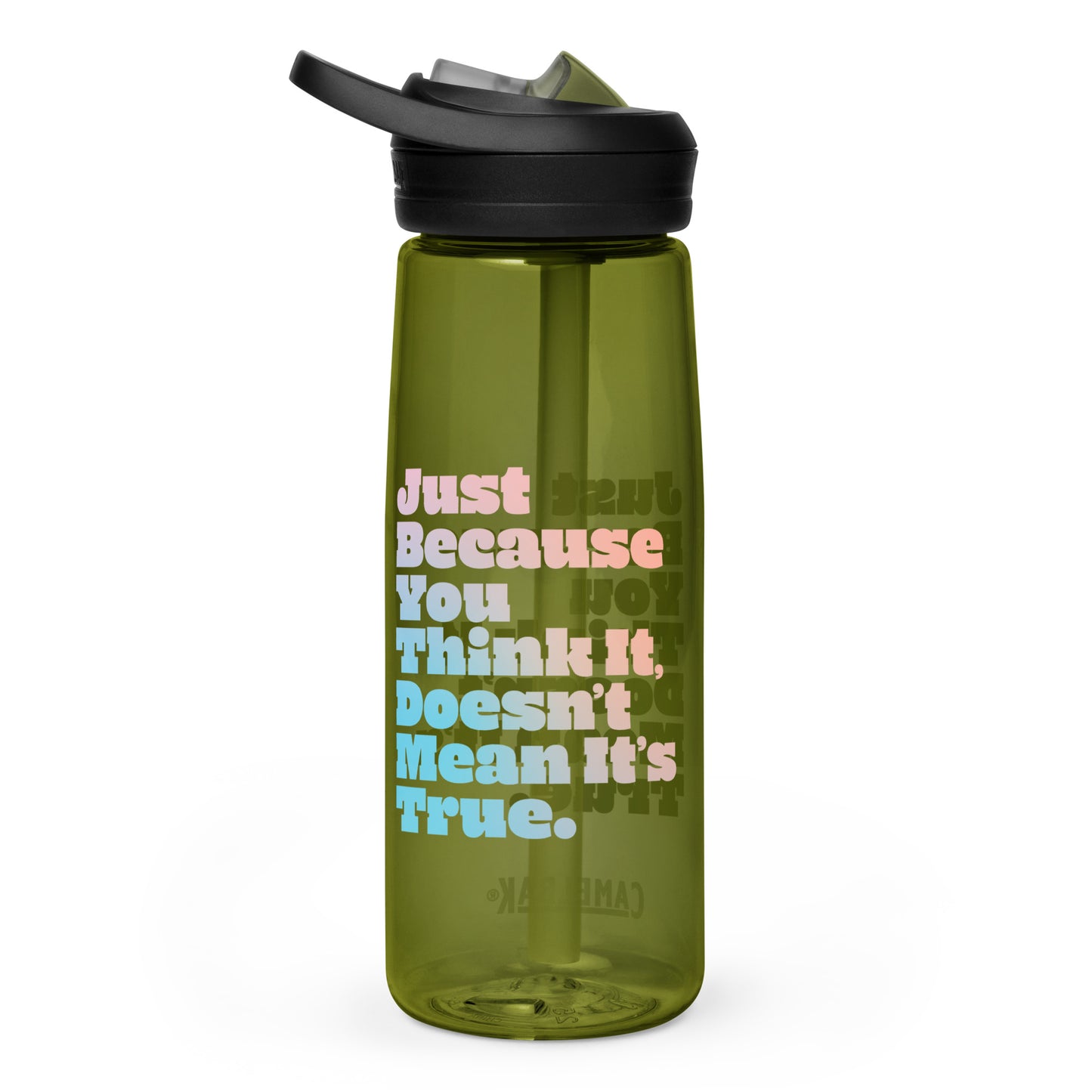 Just Because You Think It, Doesn't Mean It's True type on Sports water bottle