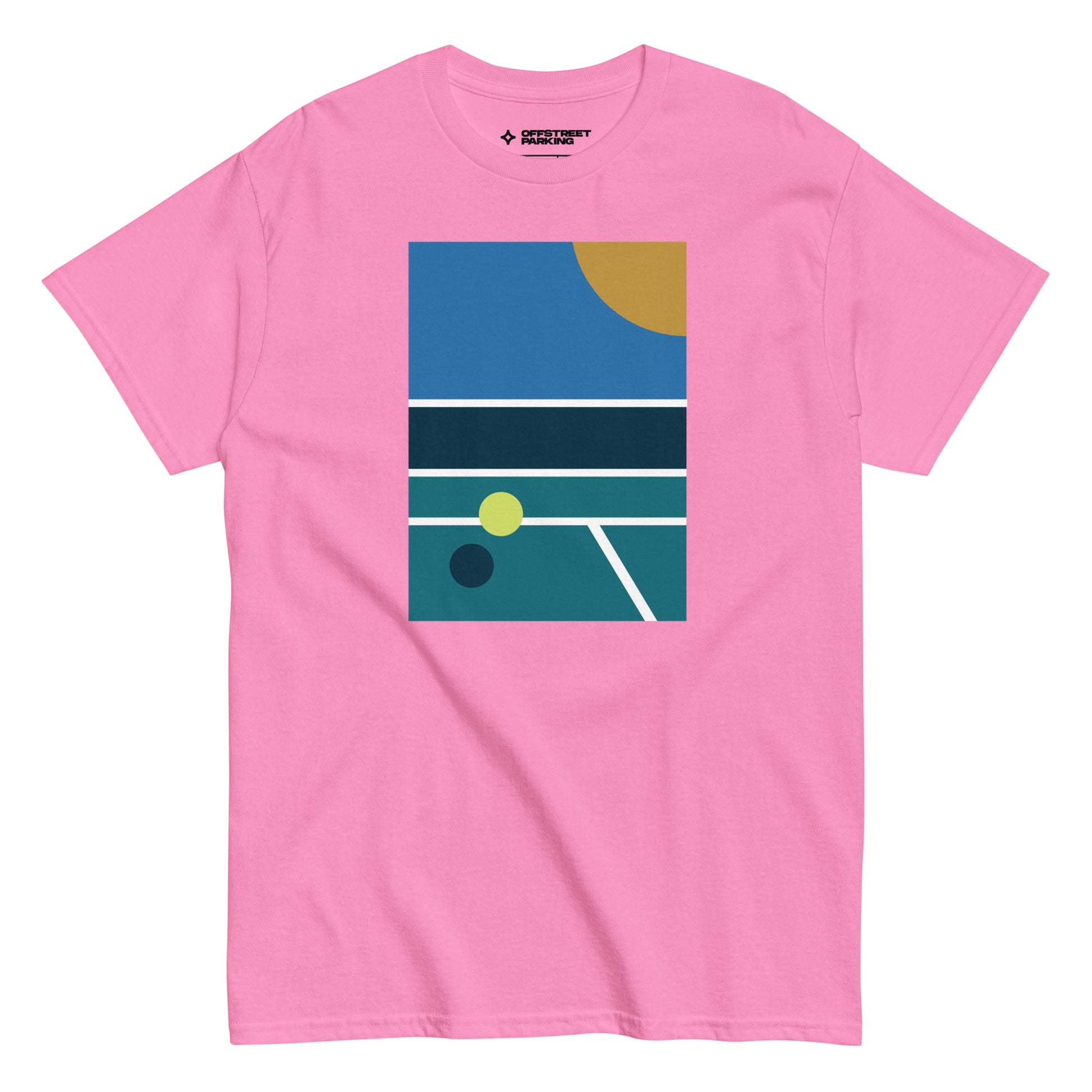 minimalist pickleball court scene on pink t-shirt, front view on white background