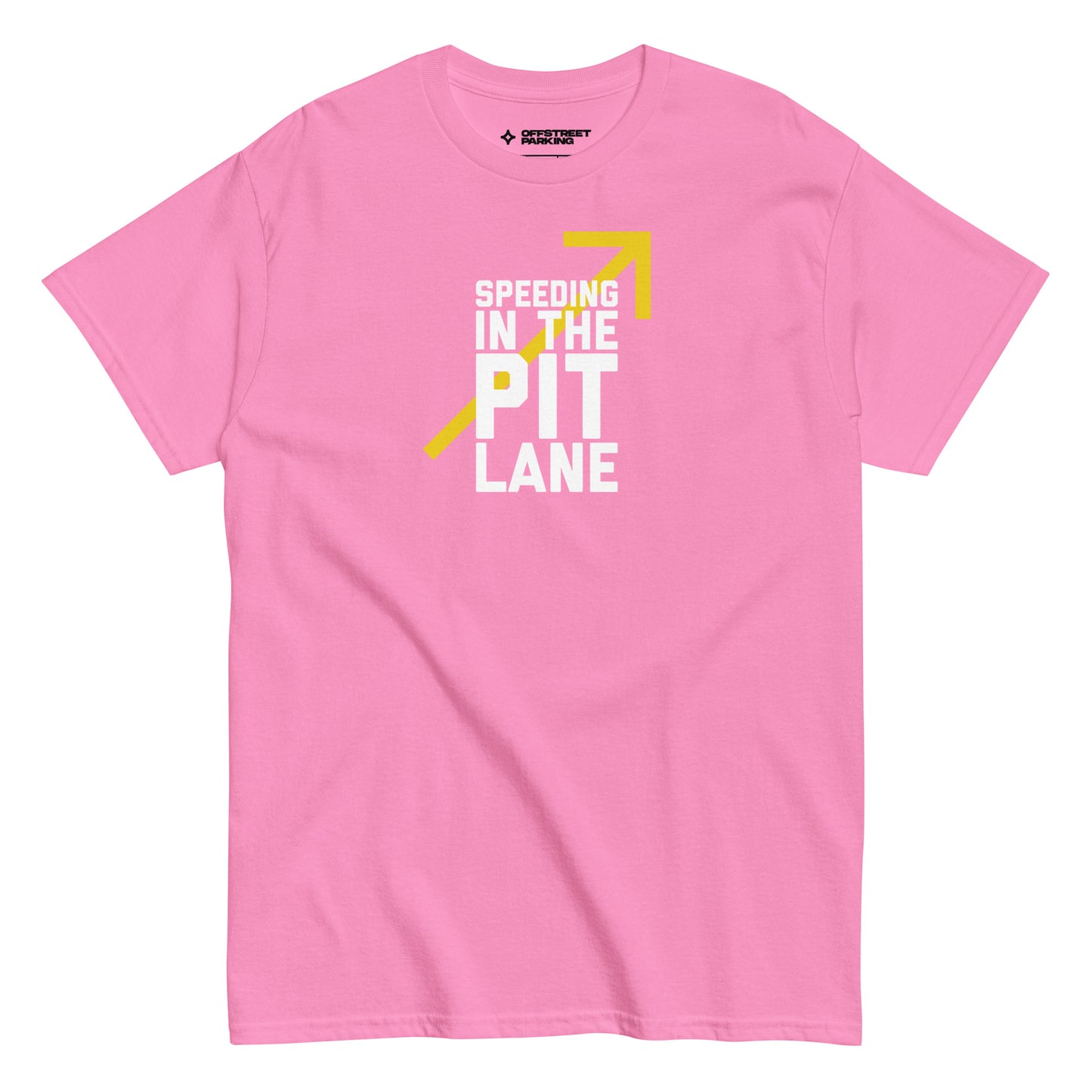 Race Day collection with Speeding In The Pit Lane type on pink t-shirt on white background