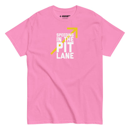 Race Day collection with Speeding In The Pit Lane type on pink t-shirt on white background