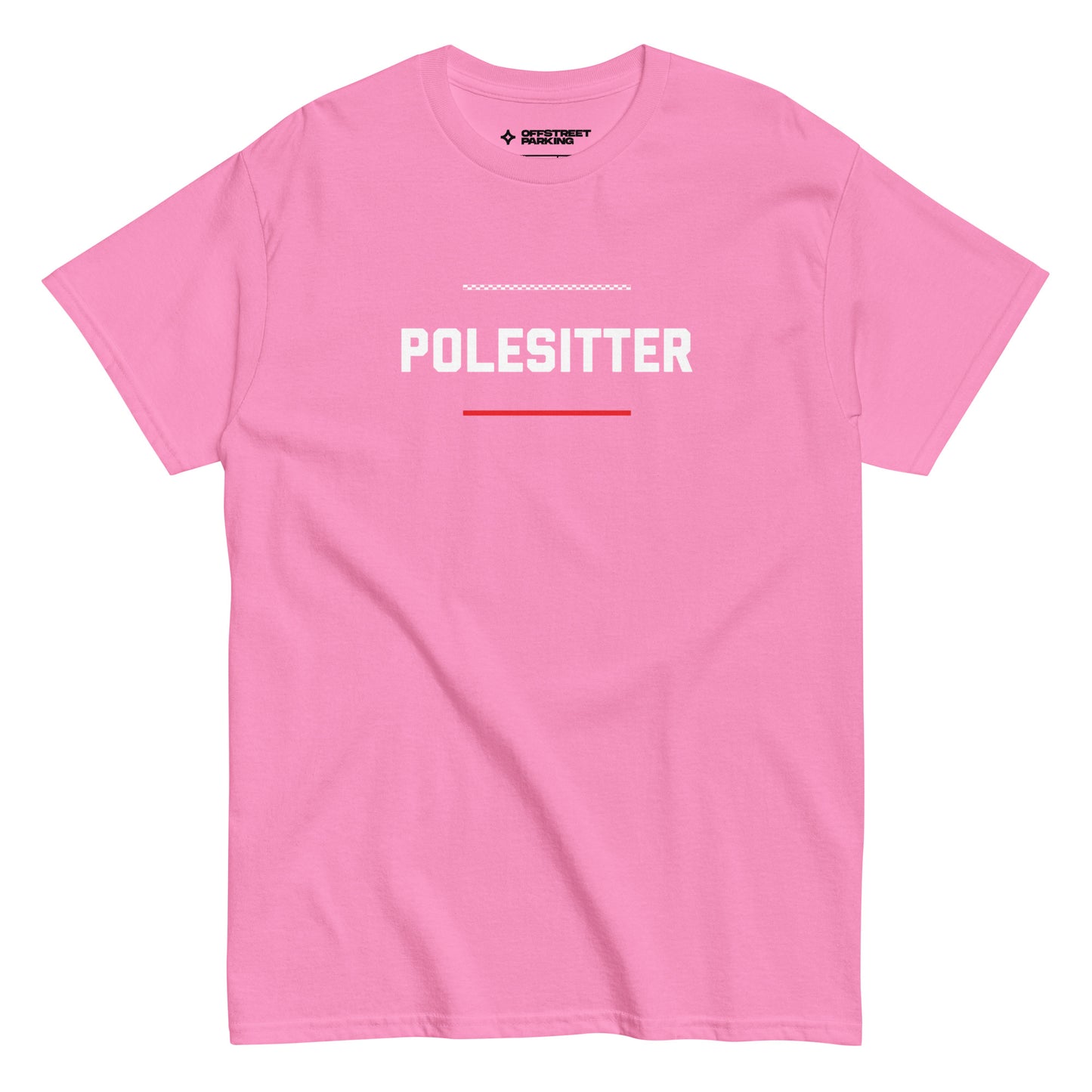 Polesitter text on pink t-shirt, front view on white background