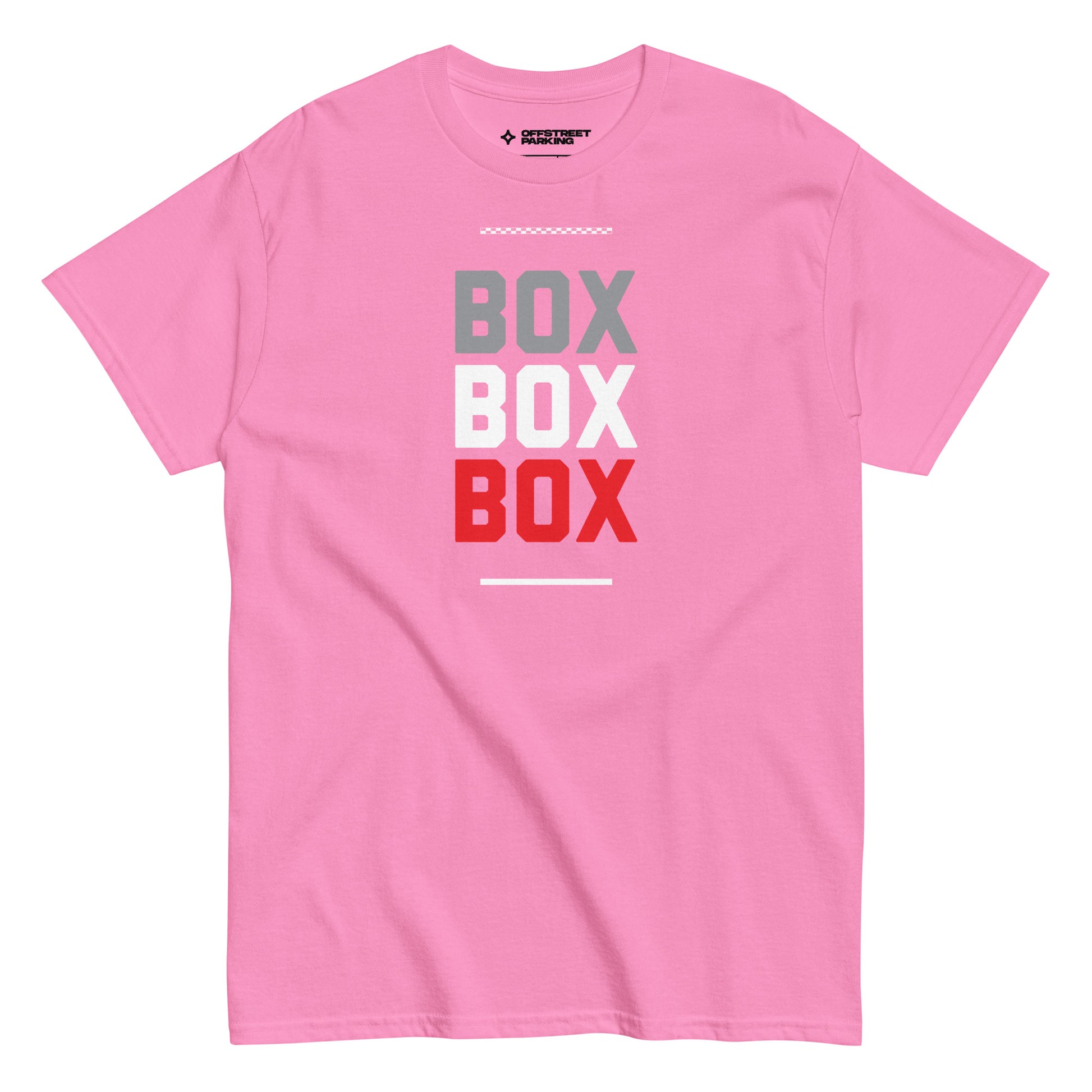 Race Day collection with Box Box Box type on pink t-shirt on white background