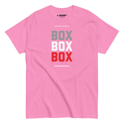 Race Day collection with Box Box Box type on pink t-shirt on white background