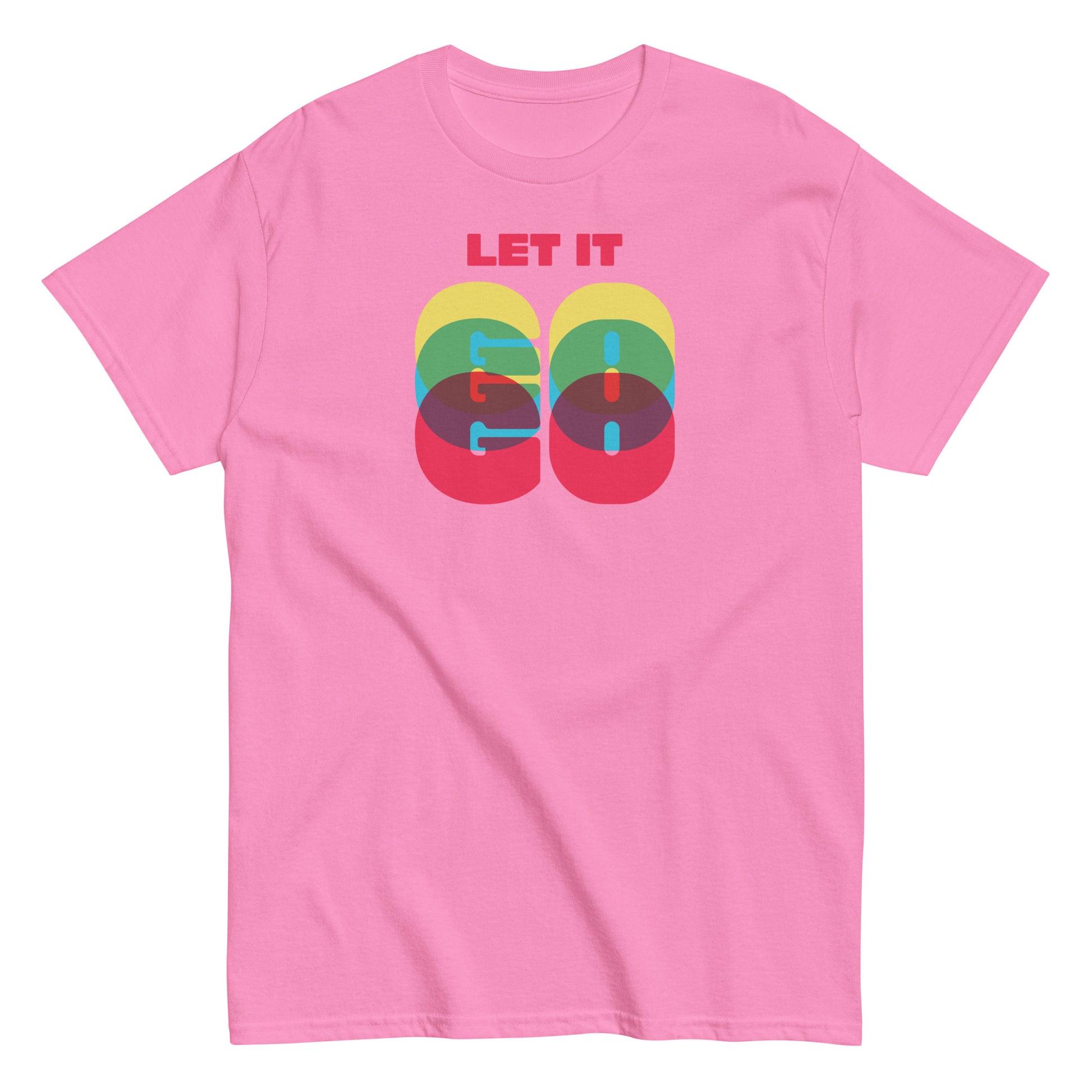 Let It Go text on pink t-shirt, front view on white background