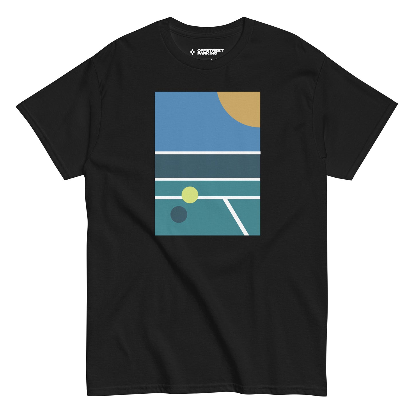 minimalist pickleball court scene on black t-shirt, front view on white background