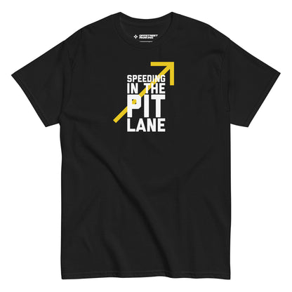 Race Day collection with Speeding In The Pit Lane type on black t-shirt on white background