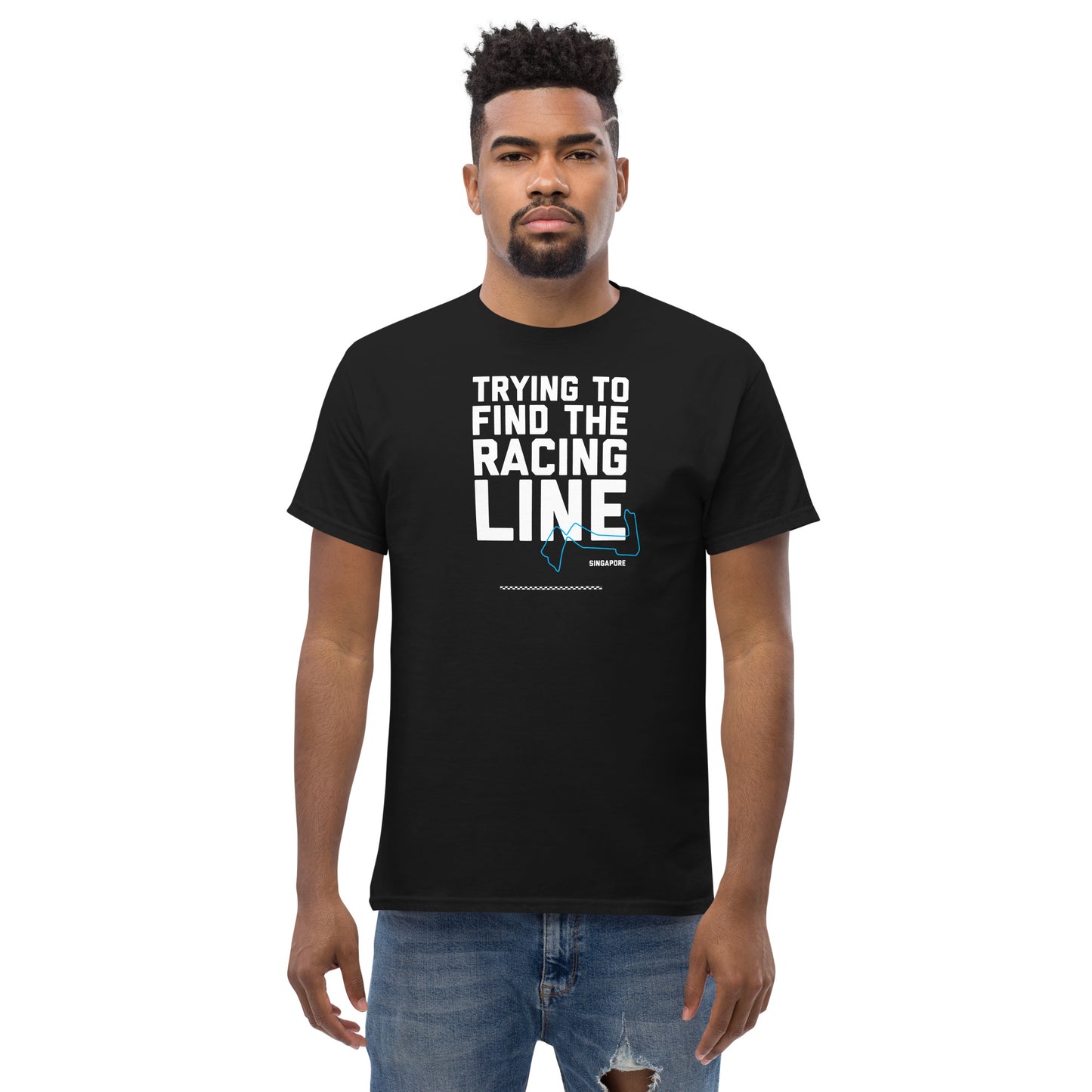 Trying To Find The Racing Line text on black shirt, front view on male model