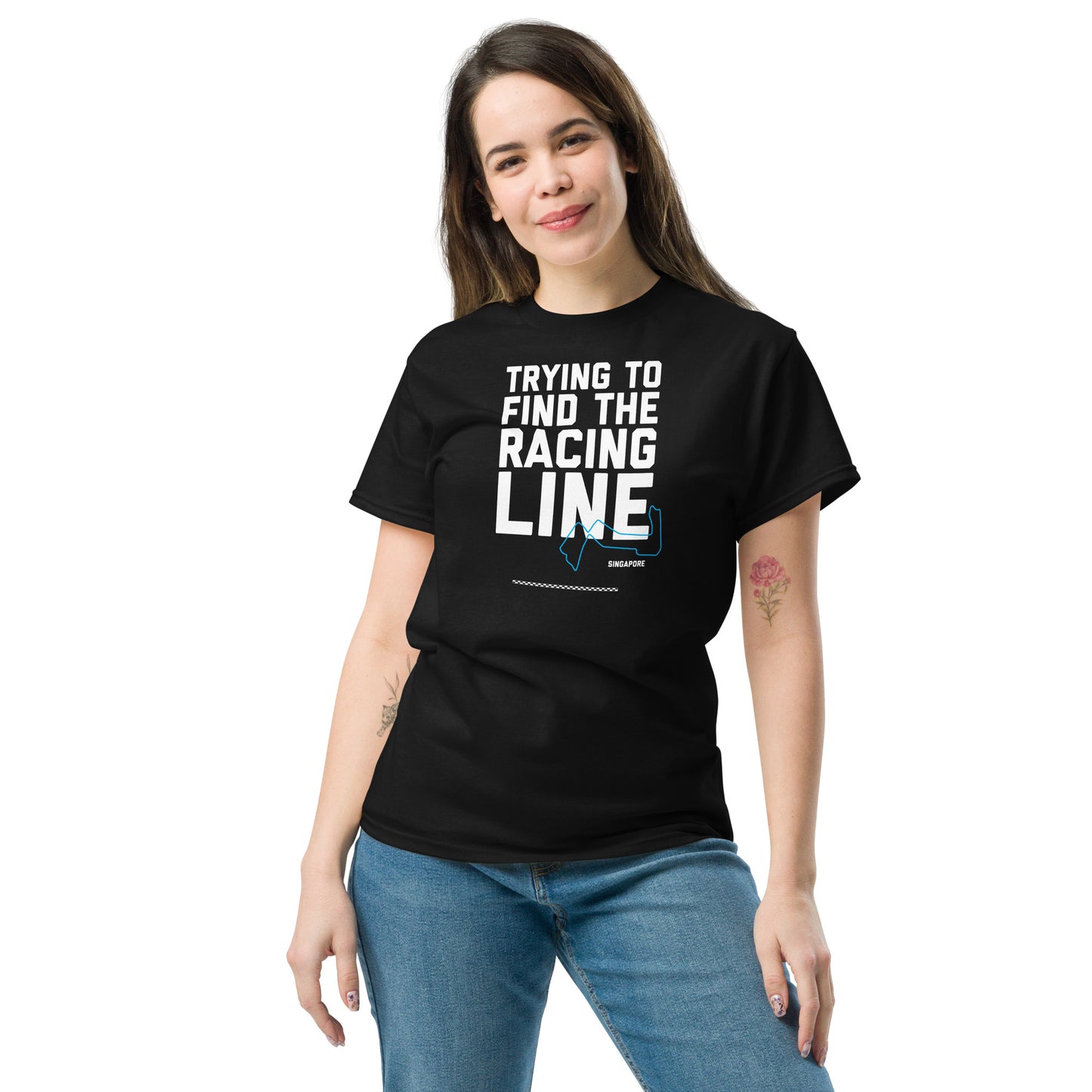 Trying To Find The Racing Line text on black shirt, front view on female model