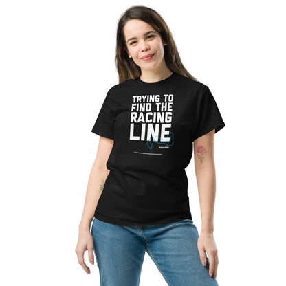 Trying To Find The Racing Line text on black shirt, front view on female model