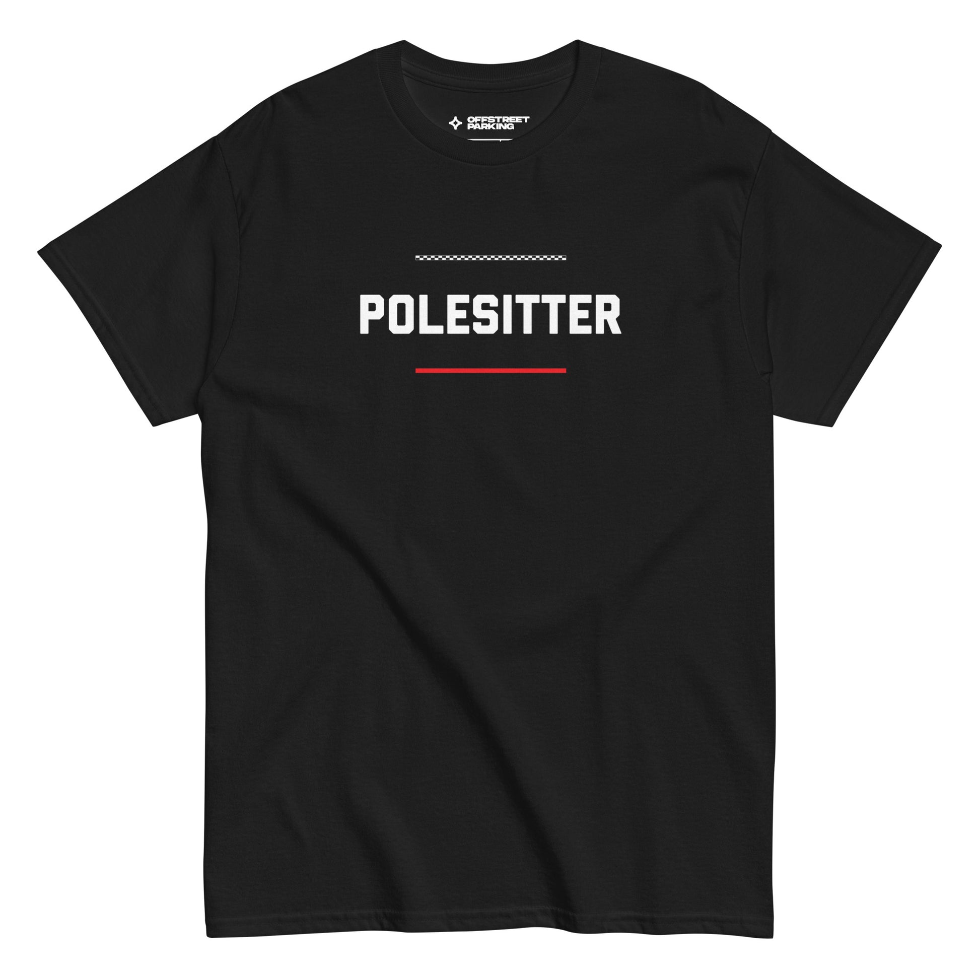 Polesitter text on black t-shirt, front view on white background