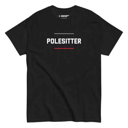 Polesitter text on black t-shirt, front view on white background